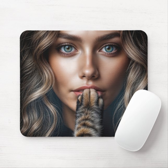 Tapis De Souris Patte de chat faisant taire une jolie femme (Avec souris)