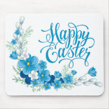 Pavé de souris bleu fleuri Happy Pâques