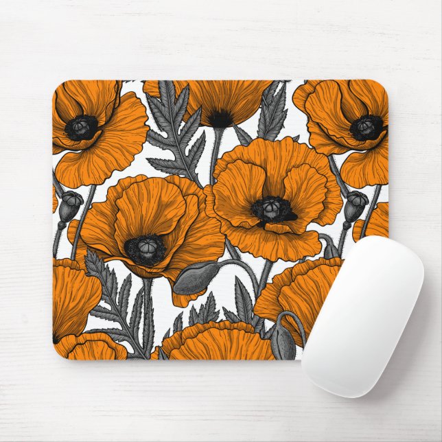 Tapis De Souris Pavot orange sur blanc (Avec souris)