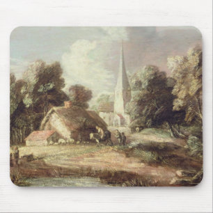 Tapis De Souris Paysage avec une église, cottage, villageois et