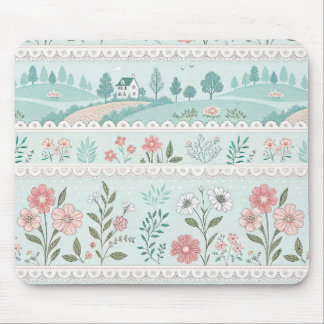 Tapis De Souris Paysage champêtre charmant et bordure florale