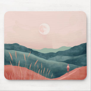 Tapis De Souris Paysage de montagne bohème lune rose sarcelle