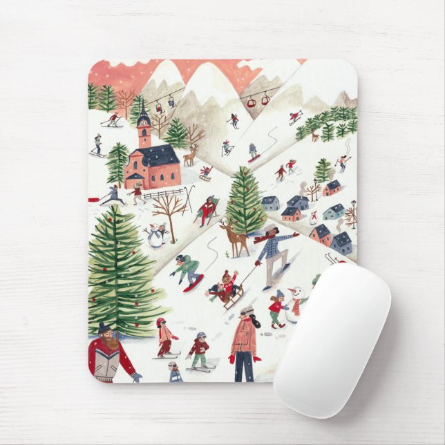 Tapis De Souris Paysage de ski alpin rose et vert (Avec souris)