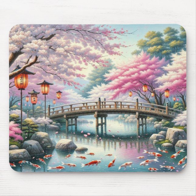 Tapis De Souris Paysage japonais avec Pont, Koi et Sakura (Devant)