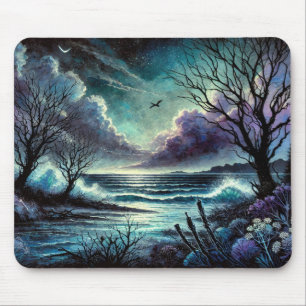 Tapis De Souris Paysage marin lunaire mystique avec vagues et arbr