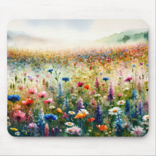 Tapis De Souris Paysage panoramique de fleurs sauvages à l'aquarel