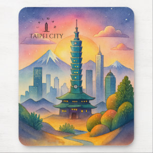 Tapis De Souris Paysage urbain de Taipei Taïwan aquarelle