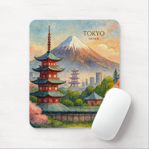 Tapis De Souris Paysage urbain de Tokyo Japon aquarelle souvenir