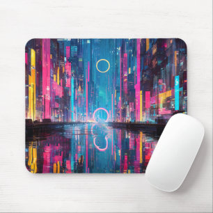 Tapis De Souris Paysage urbain nocturne néon vibrant futuriste