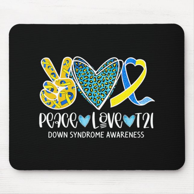 Tapis De Souris Peace Love Cure Bleu & Jaune Ribbon Down Syndrome (Devant)