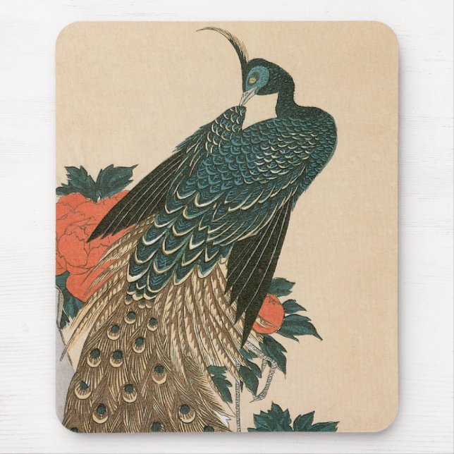 Tapis De Souris Peacock and Peonies de Hiroshige, Art japonais (Devant)