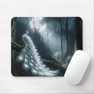 Tapis De Souris Peacock Blanc Dans La Forêt Lune