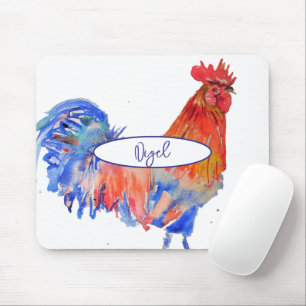 Tapis De Souris Peinture à l'aquarelle de poulet Coq Rouge Fantais