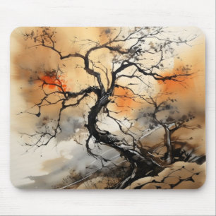 Tapis De Souris Peinture à l'encre d'arbre noir orange