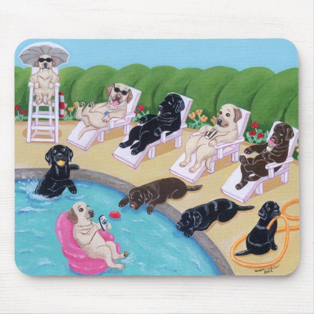 Tapis De Souris Peinture de Labradors de partie de Poolside (Devant)