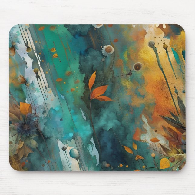 Tapis De Souris Peinture de récolte d'automne Turquoise Rouille Or (Devant)