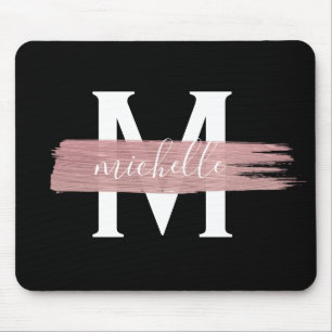 Tapis De Souris Peinture or Rose simple Monogramme classique Noir
