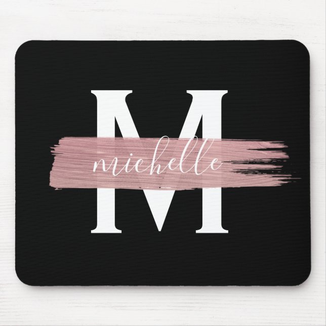 Tapis De Souris Peinture or Rose simple Monogramme classique Noir (Devant)
