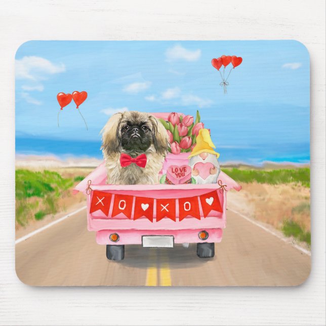 Tapis De Souris Pekingese Chien Saint Valentin Coeurs de Camion (Devant)