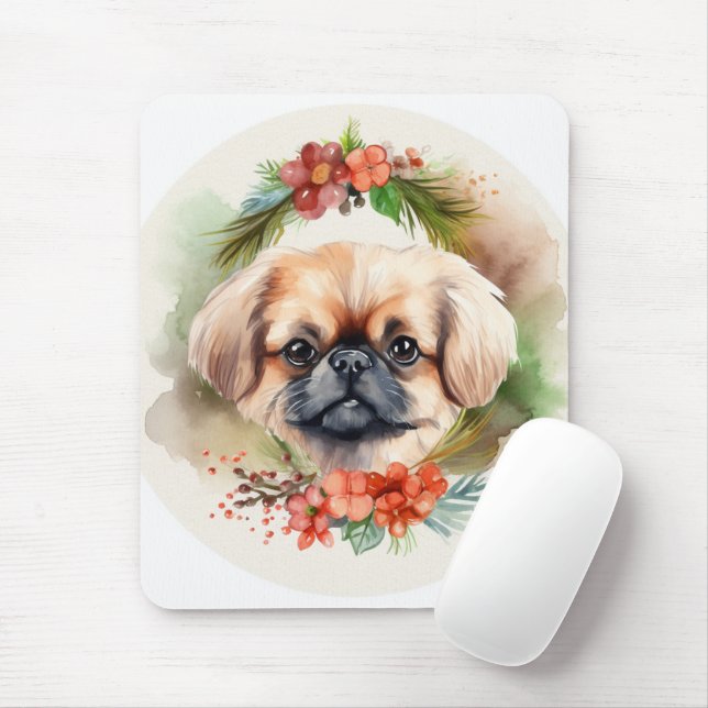 Tapis De Souris Pekingese Christmas Wreath Festive Pup (Avec souris)