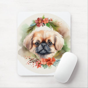 Tapis De Souris Pékinois Couronne de Noël Chien de fête