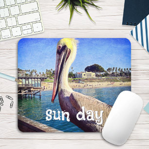 Tapis De Souris Pélican Bird Ocean Beach Pier Photo Jour du soleil
