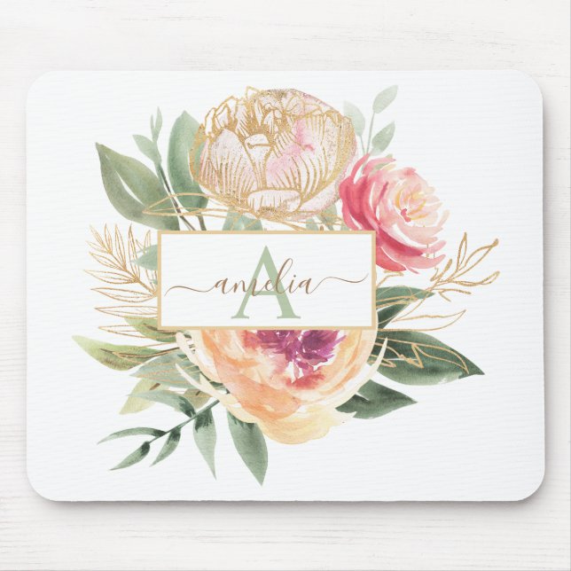 Tapis De Souris Peony and Gold Flowers Nom du monogramme (Devant)