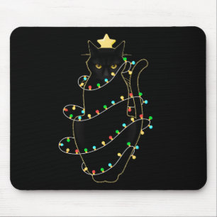 Tapis De Souris Père Noël Chat Noir Tangé Dans La Lumière De L'Arb