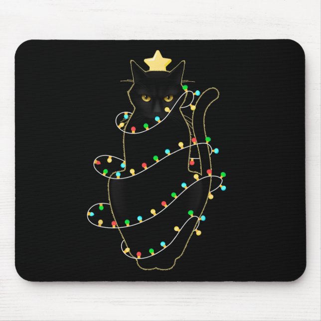 Tapis De Souris Père Noël Chat Noir Tangé Dans La Lumière De L'Arb (Devant)