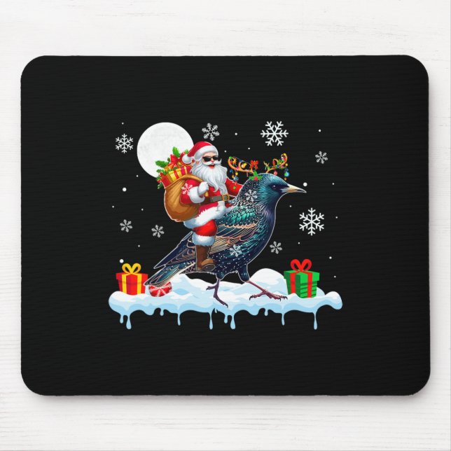 Tapis De Souris Père Noël Sungles Riding Reindeer Starling Bird En (Devant)