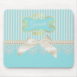 Tapis De Souris Perles et dentelle Aqua Stripes Crème Bow avec nom