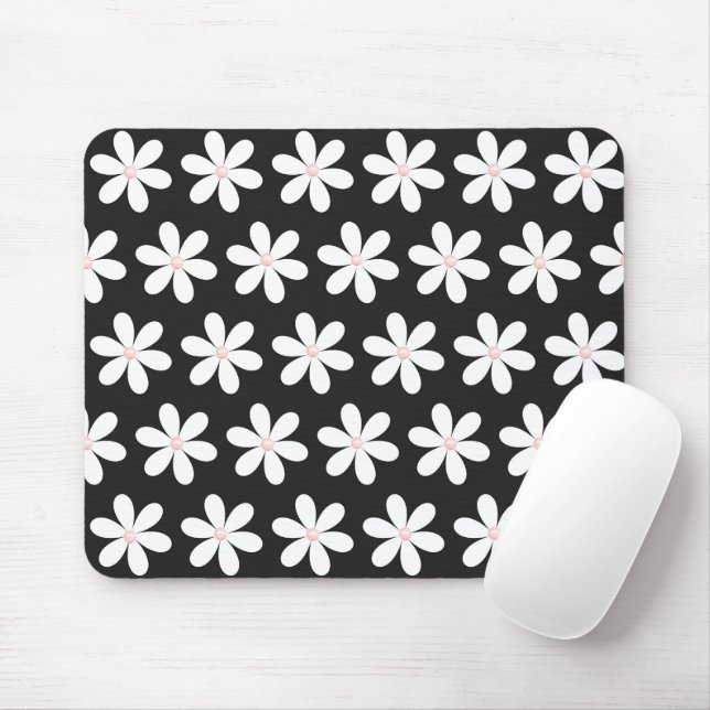 Tapis De Souris Perles roses dans les marguerites sur noir (Avec souris)
