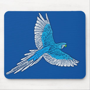 Tapis De Souris Perroquet en vol, bleu et blanc de cobalt