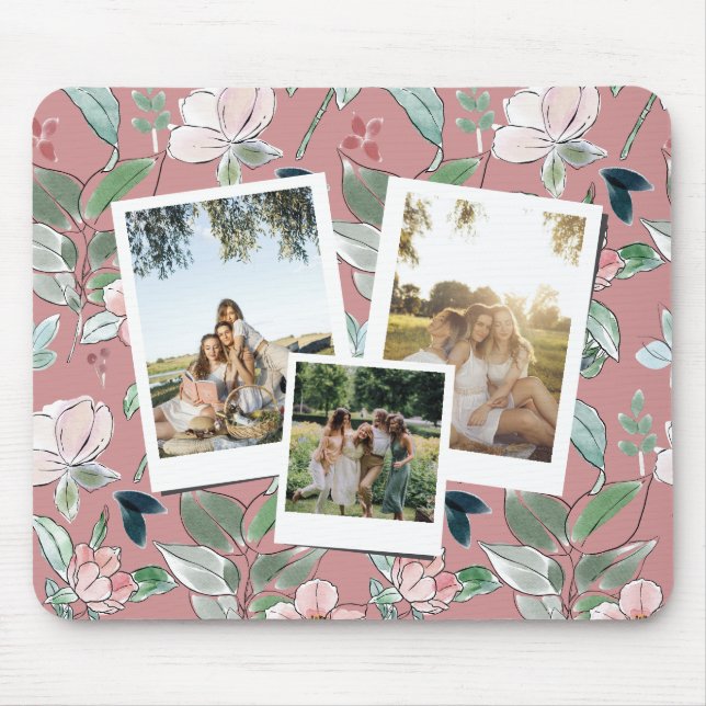 Tapis De Souris Personalized 3 Photo Pink Floral Background  (Devant)