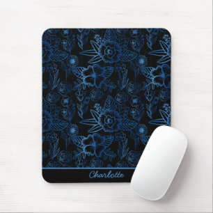 Tapis De Souris Personnalisé floral continu motif bleu noir