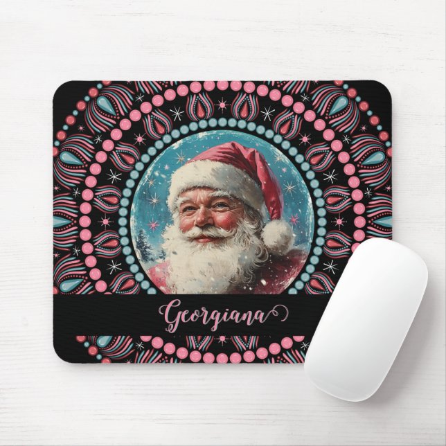Tapis De Souris Personnalisé Retro Père Noël Pinkmas Floral Mandal (Avec souris)