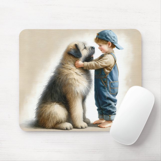 Tapis De Souris Petit Garçon Et Son Gros Chien Aquarelle (Avec souris)