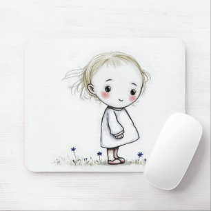 Tapis De Souris Petite Esquisse De Fille Avec Fleur sauvage