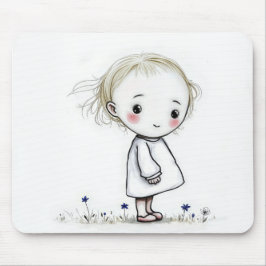 Tapis De Souris Petite Esquisse De Fille Avec Fleur sauvage