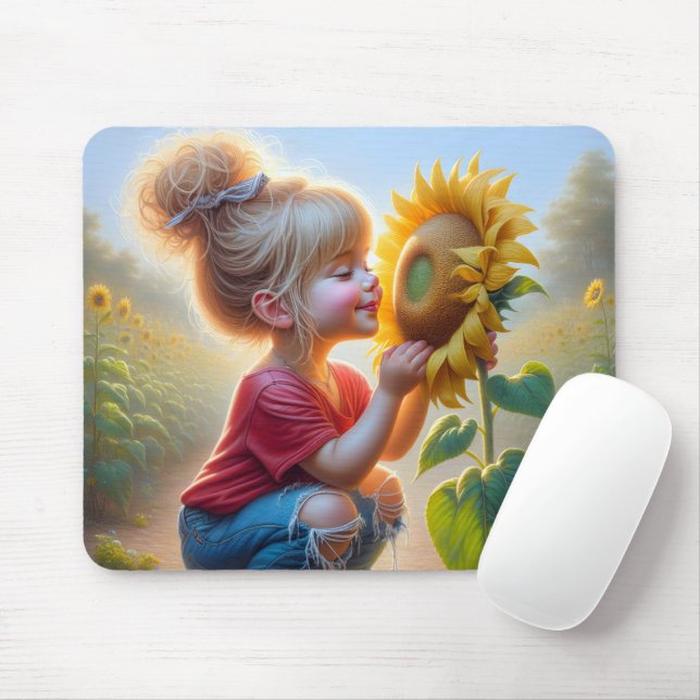 Tapis De Souris Petite fille au tournesol (Avec souris)