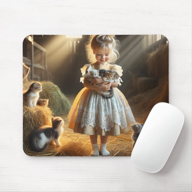 Tapis De Souris Petite fille avec chatons de grange (Avec souris)