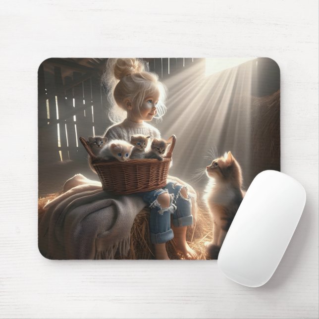 Tapis De Souris Petite Fille Avec Panier De Chatons (Avec souris)