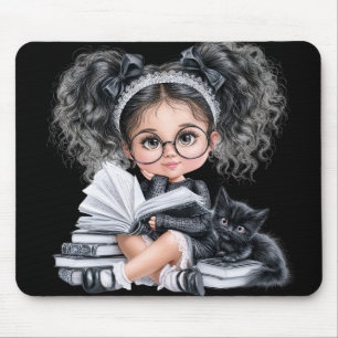 TAPIS DE SOURIS PETITE FILLE D'HALLOWEEN MIGNONNE HABILLÉE EN NOIR
