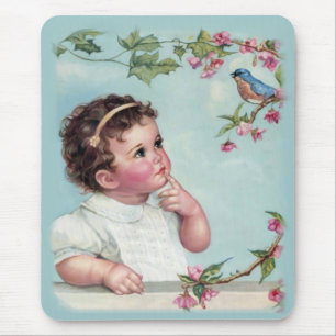 Tapis De Souris Petite fille et oiseau bleu