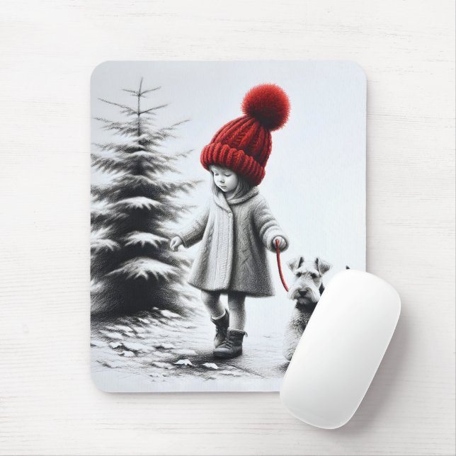Tapis De Souris Petite fille marchant dans un Terrier gallois (Avec souris)