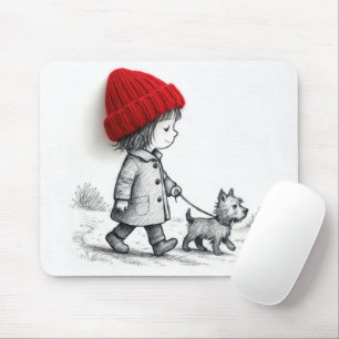 Tapis De Souris Petite Fille Promenant Son Chien