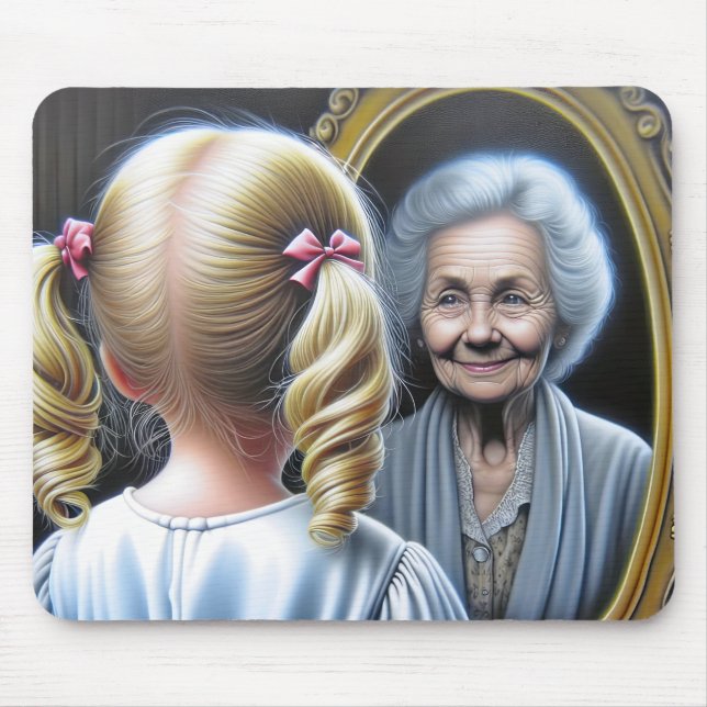 Tapis De Souris Petite fille qui regarde la vieille dame en miroir (Devant)