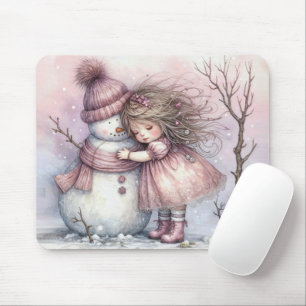 Tapis De Souris Petite fille serrant un bonhomme de neige