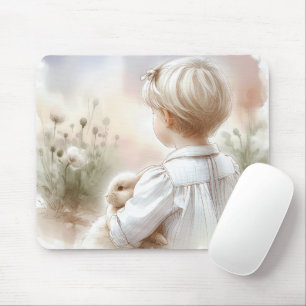 Tapis De Souris Petite fille tenant son lapin de animal de compagn