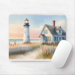 Tapis De Souris Phare de bord de mer et chalet d'aquarelle scène
